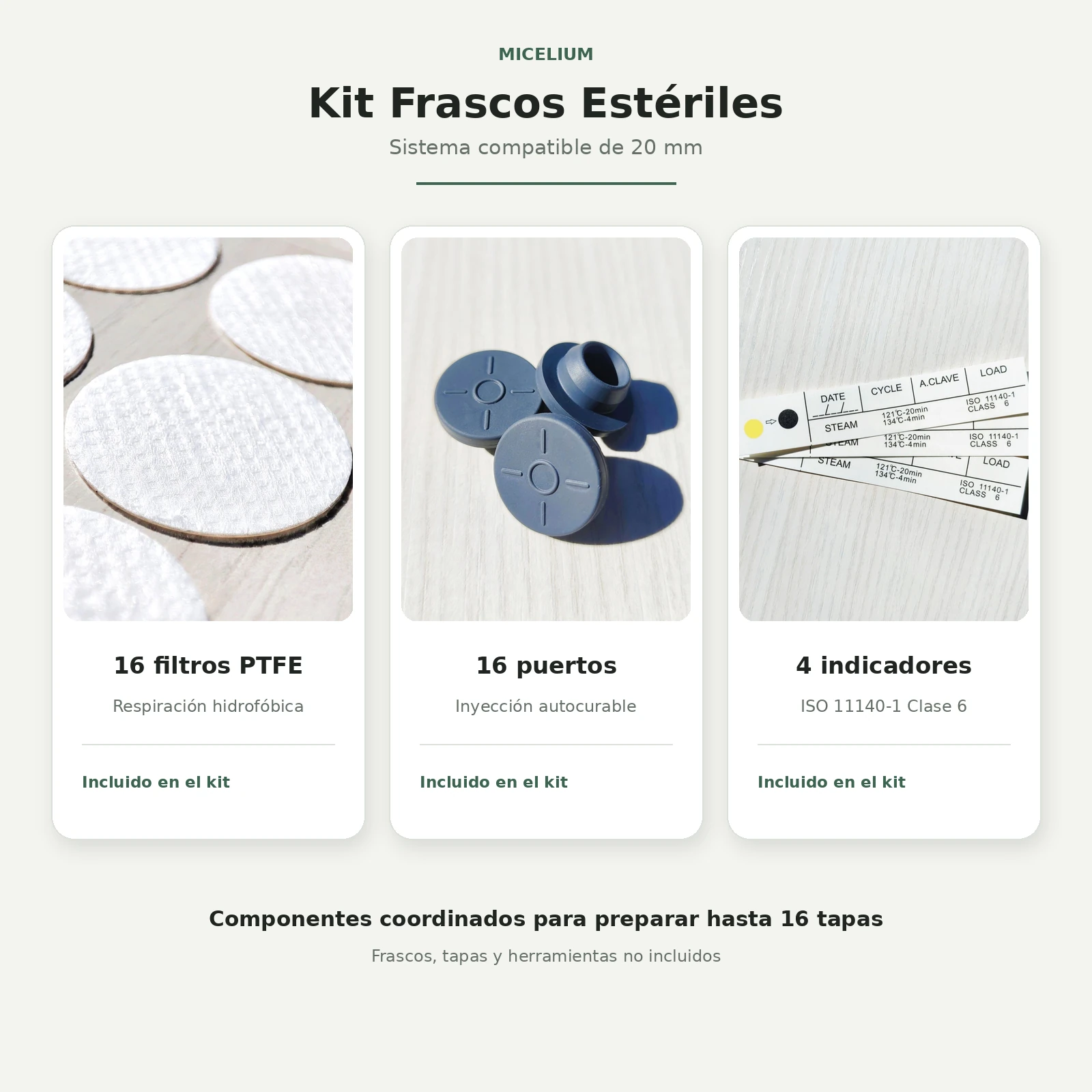 Kit con 16 filtros PTFE, 16 puertos de 20 mm y 4 indicadores Clase 6